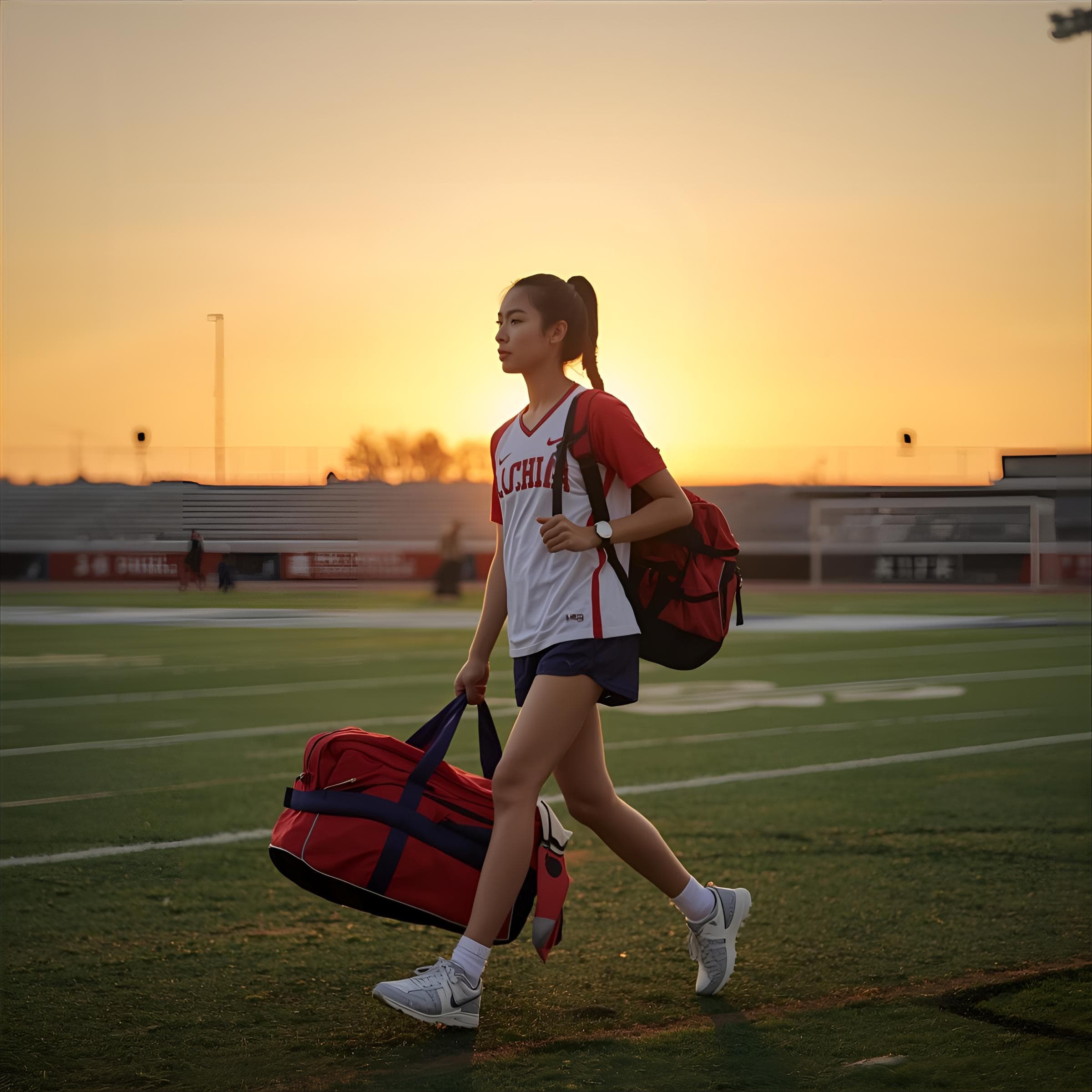 Teen athlete with gear bag at sunset