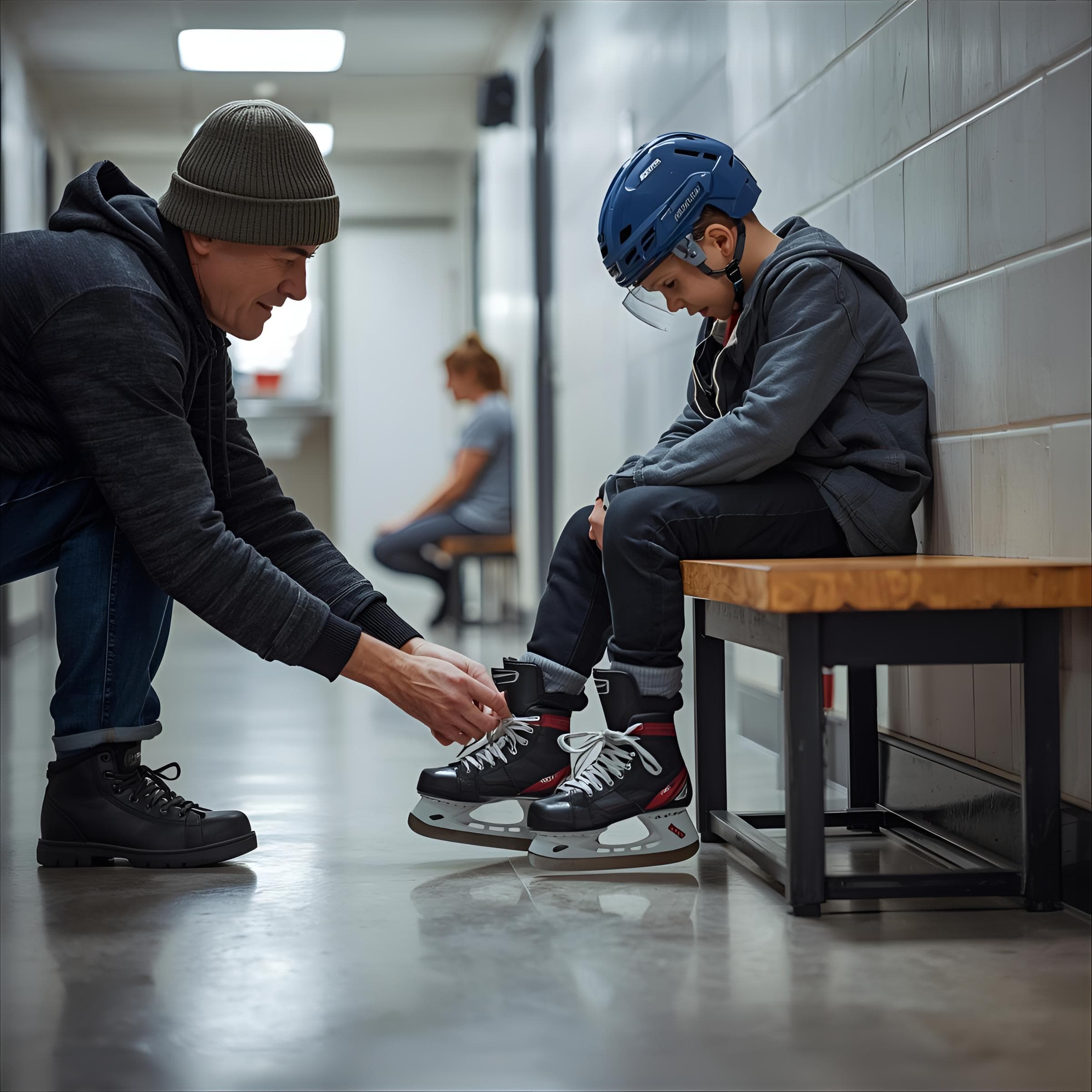 Parent helping child with hockey skates