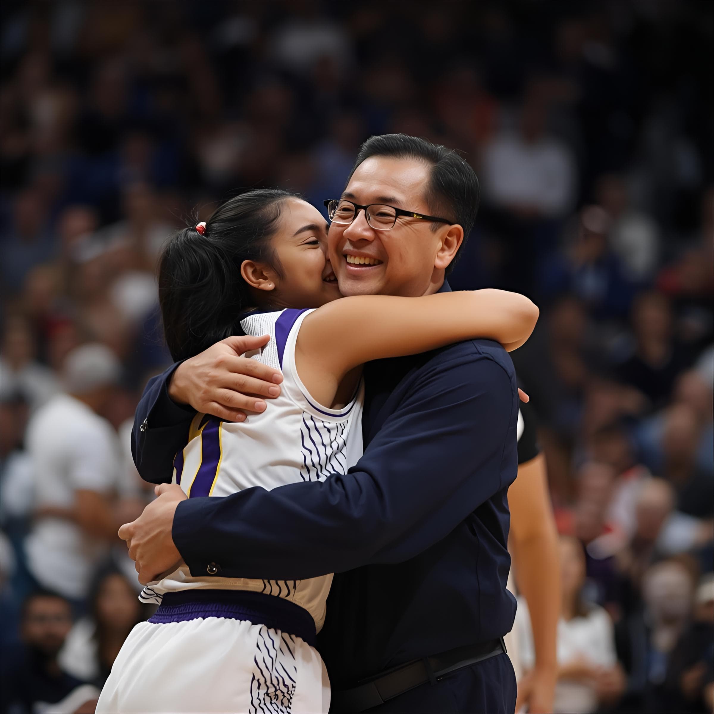 Father and daughter celebrating basketball victory
